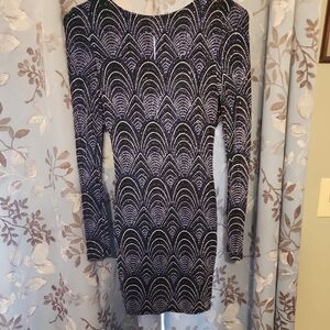 Iris Black and White Art Deco Long Sleeve Dress